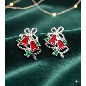 Vintage Red & Green Enamel Christmas Bell Clip-On Earrings Silver-Tone Holiday J